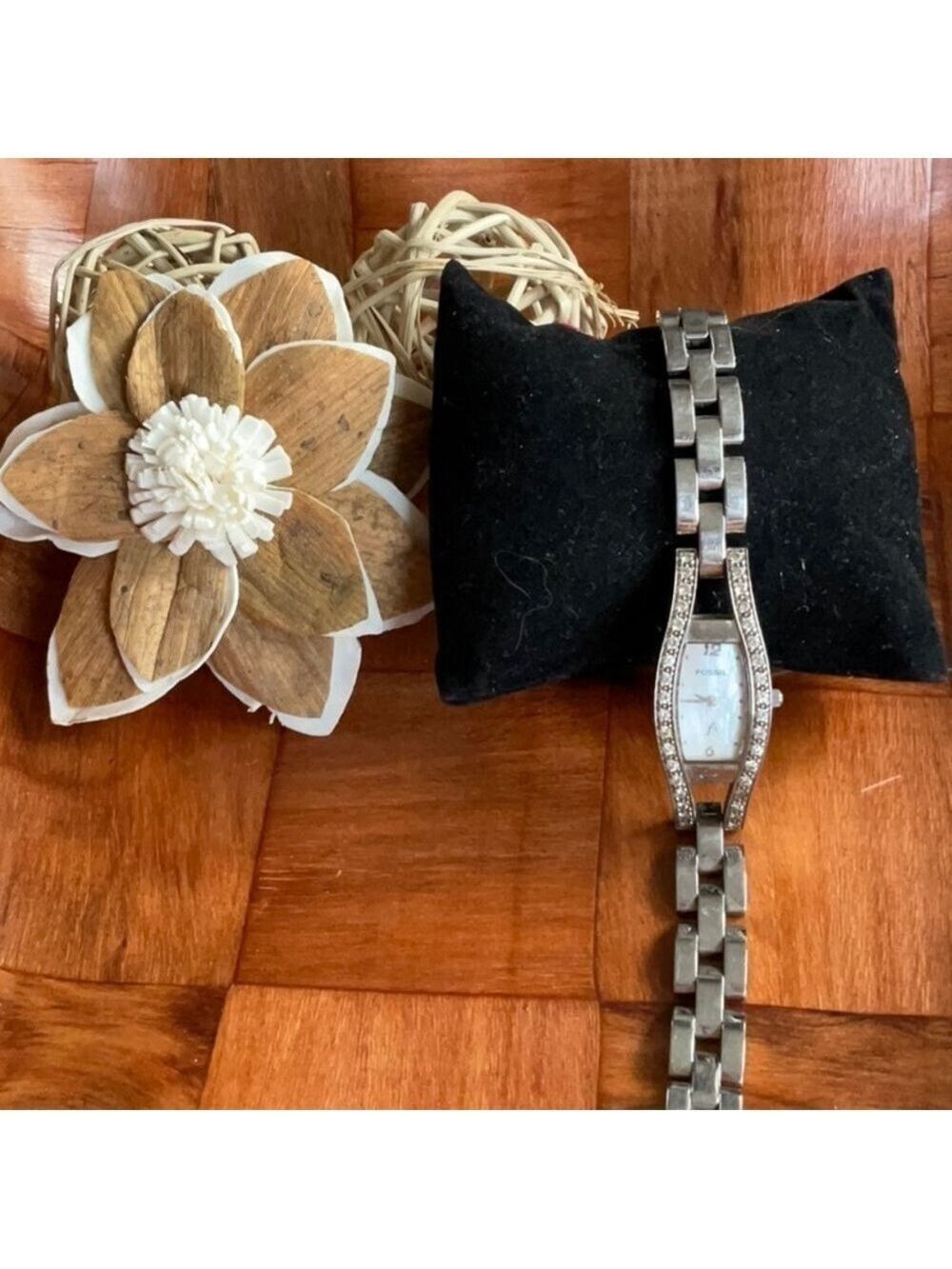 Vintage Fossil Silver Square Link Watch Pearl Face Rhinestones